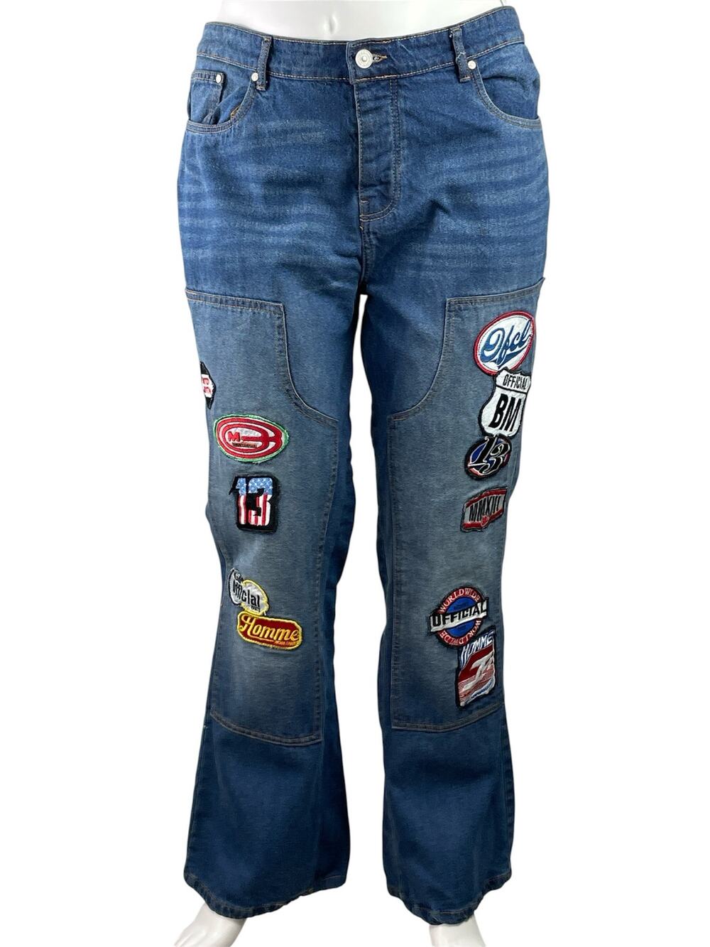 boohooMAN Mens Blus Patchworks Applique Carpenter Flared Denim Jeans Pants Sz 42